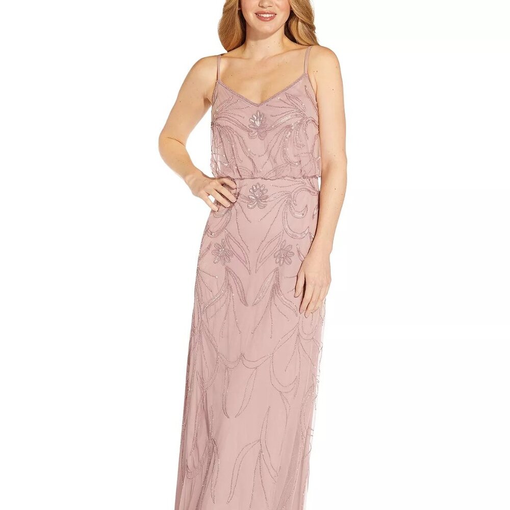 ADRIANNA PAPELL Petite Sleeveless Beaded Blouson Gown Dusted Petal Size 10P